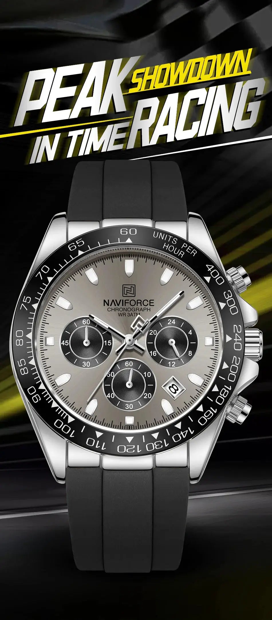 NAVIFORCE men's chronograph watch with black silicone strap and silver dial, water resistant 3ATM