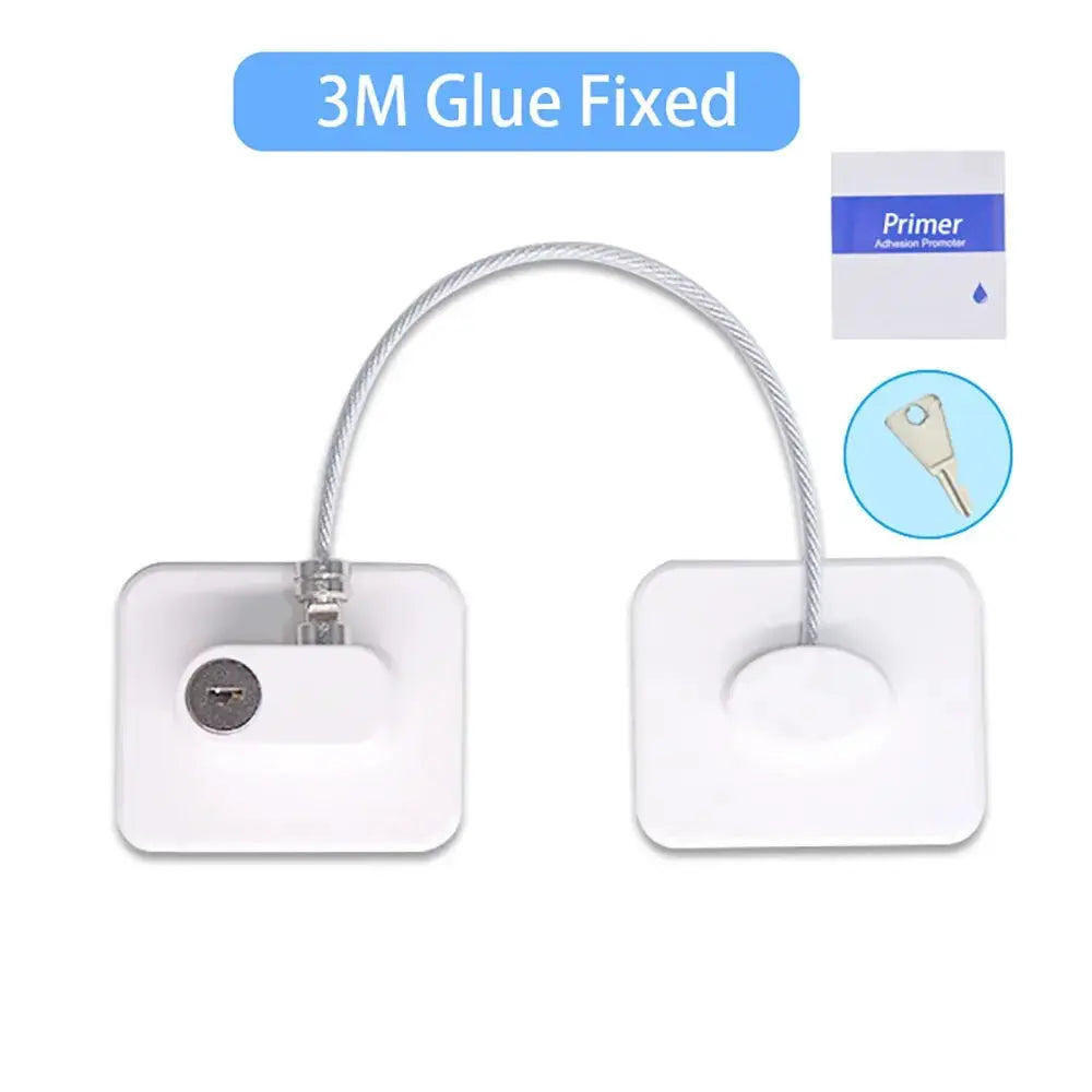 Baby safety lock for windows and refrigerators; white adhesive bases with steel cable and key, Simples Market