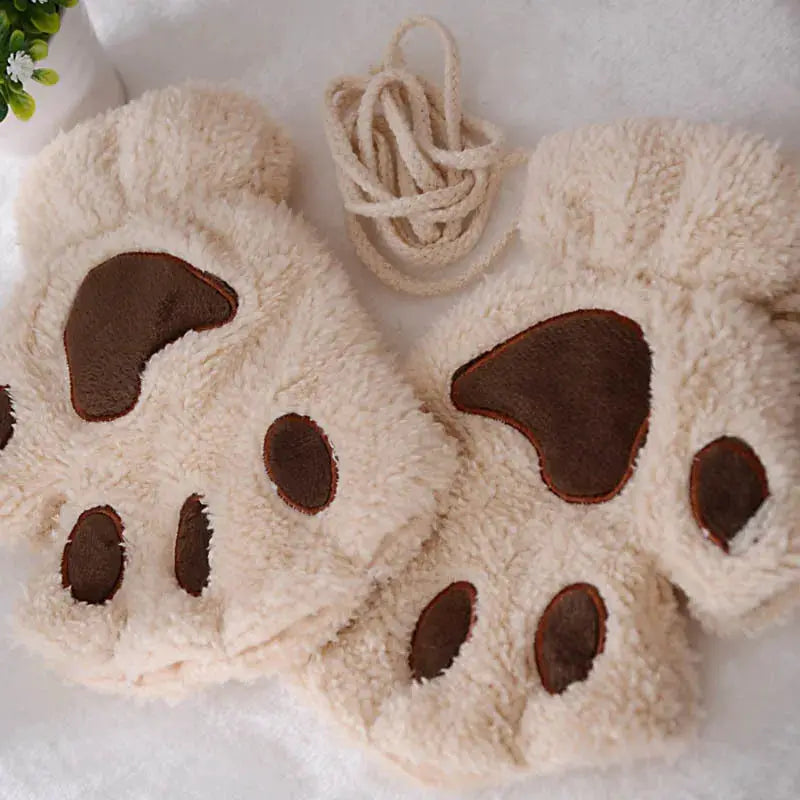 Cartoon Cute Cat Claw Paw Gloves Women Plush Mittens Warm Soft Short Fingerless Fluffy Bear Cat Gloves Costume