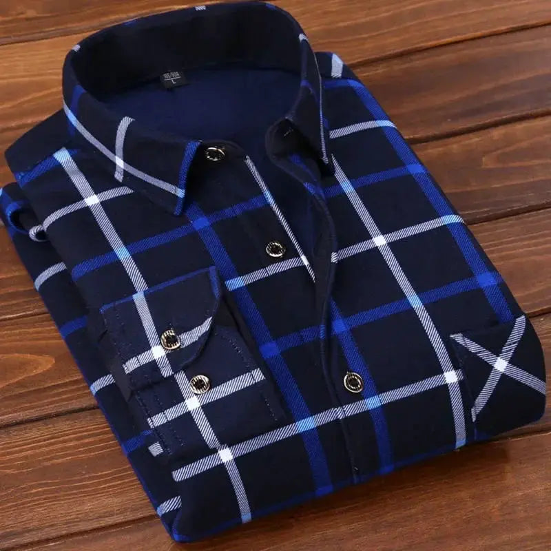 Men's navy plaid shirt with white and light-blue checks, long sleeves, folded