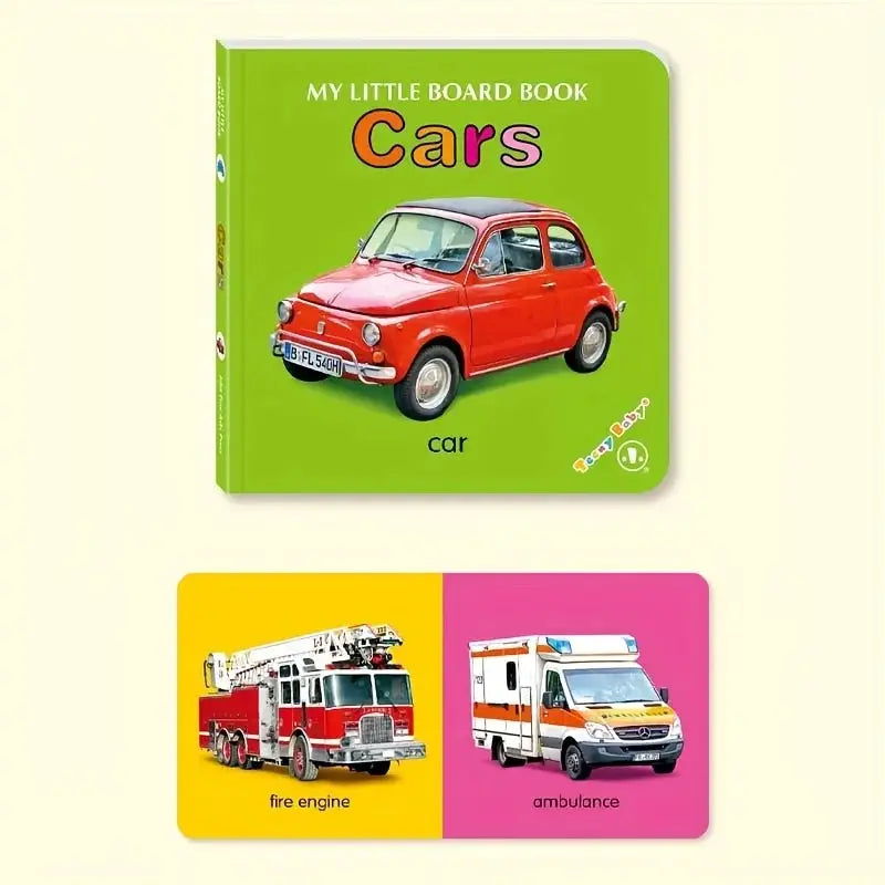 Colorful board book Cars from Simples Market with bright green cover; two split cards show fire engine and ambulance