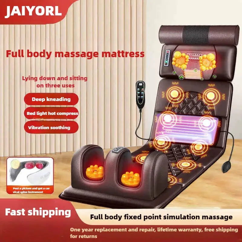 Electric full-body massage mattress with heating and remote control, brown leather cushions; Simples Market brand with JAIYORL logo