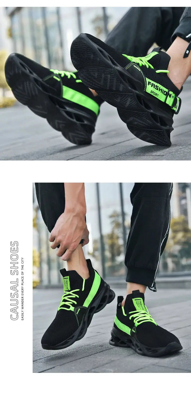 Sneakers men's mesh breathable casual athletic shoes in black with neon green laces and straps, thick sole