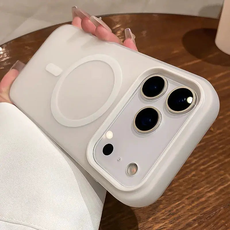 MagSafe bumper case for iPhone in white liquid silicone; 2-in-1 shockproof design with circular MagSafe pad