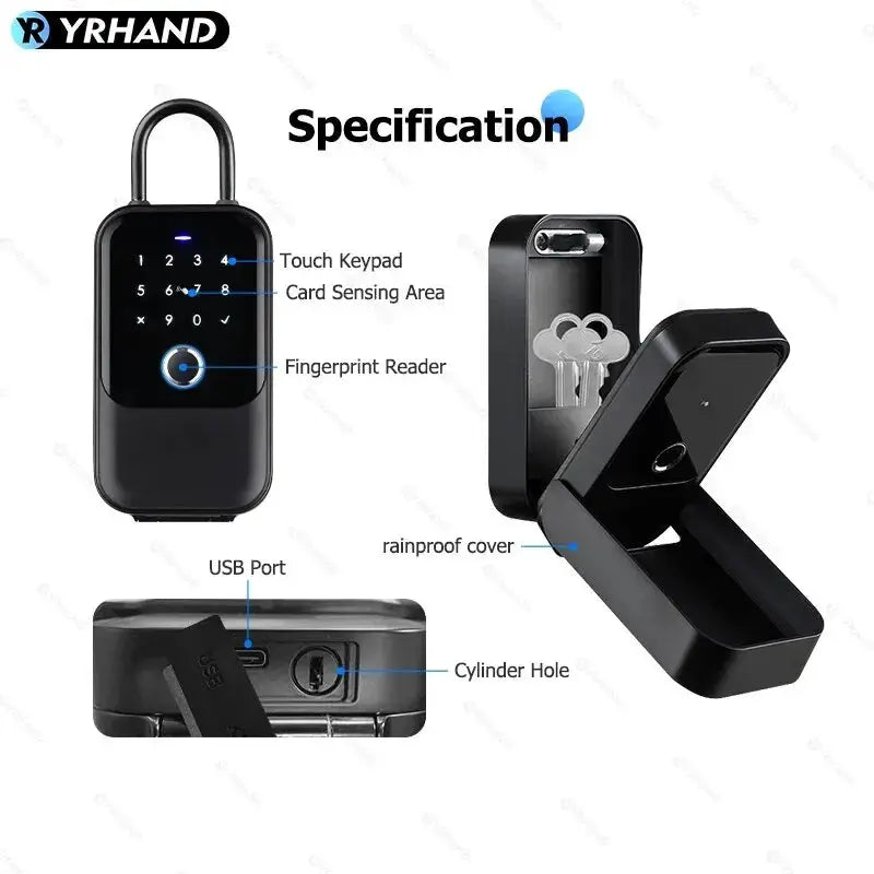 YRHAND TTlock smartkey lock box with touch keypad and fingerprint reader; black wireless key safe with USB port