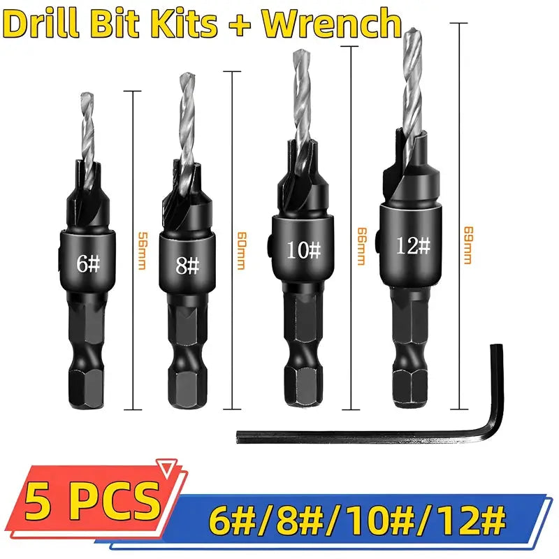 5 Piece Countersink Drill Bit Set For Woodworking With Pilot Holes For Screw Sizes 5 6 8 10 12