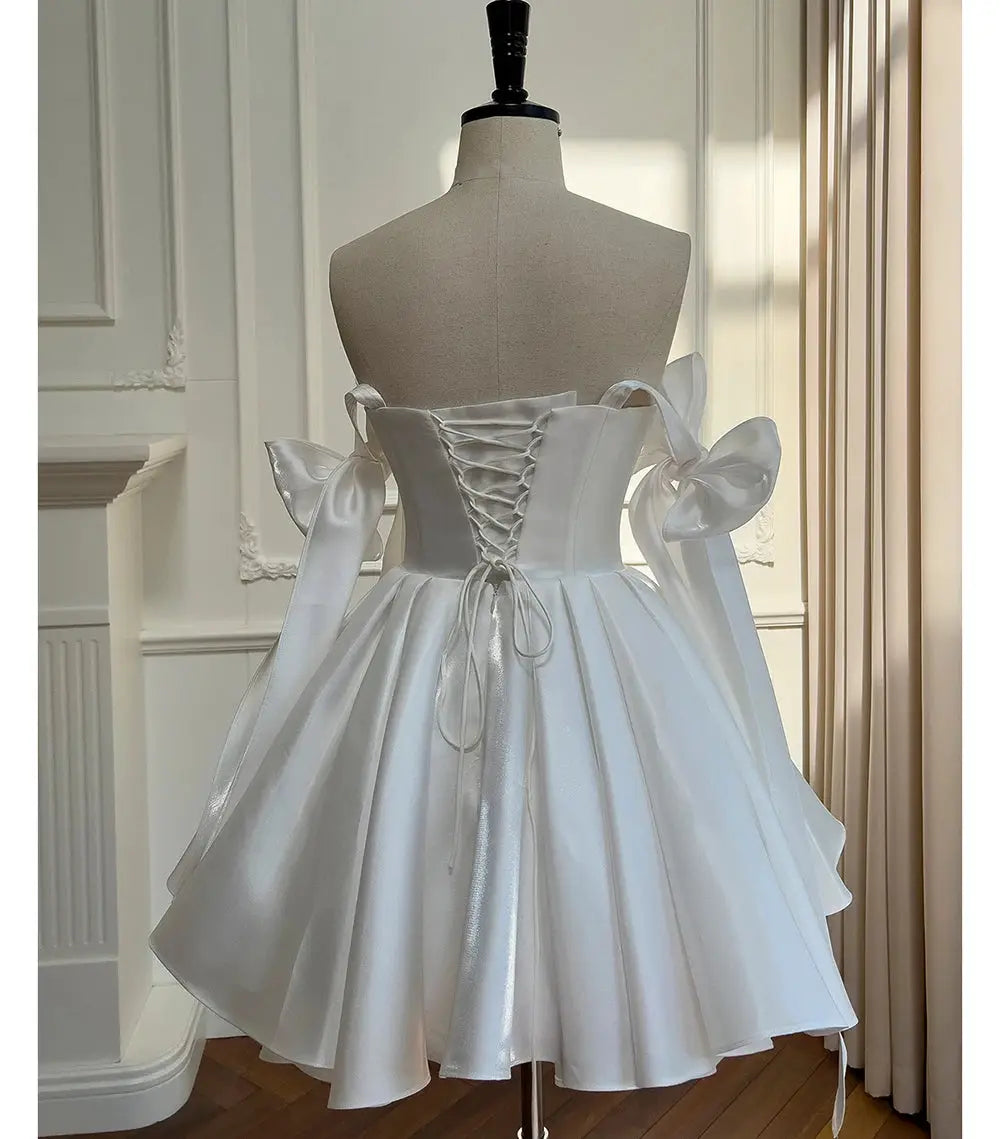 White Satin Bow A Line Knee Length Cocktail Dress Spaghetti Straps