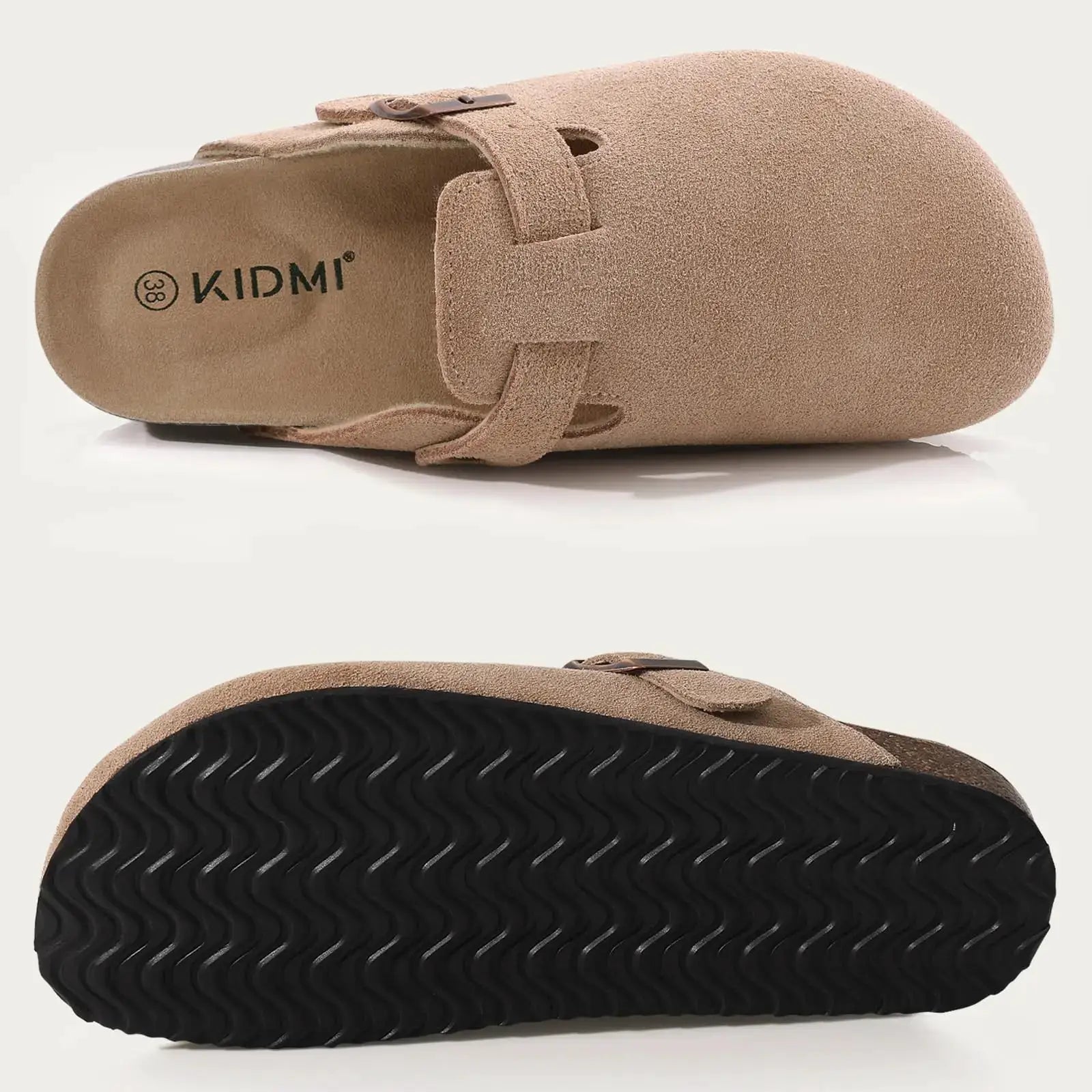 Litfun suede women's clogs with adjustable strap and cork footbed in beige; black outsole.