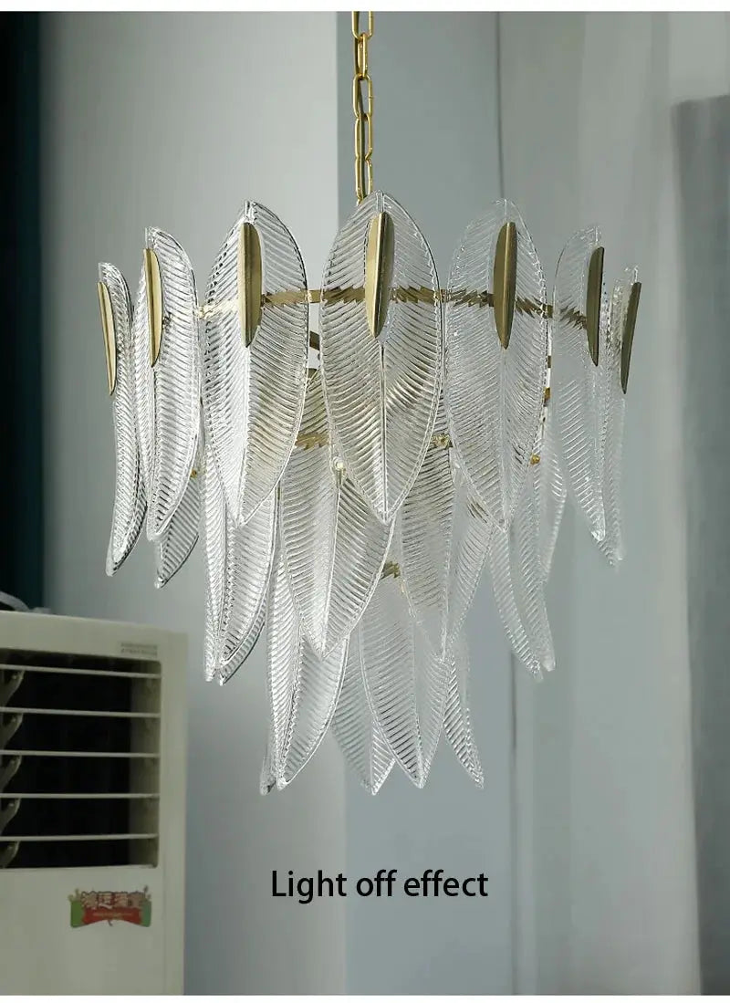French Romantic Personalized Glass Chandelier pendant lamp with clear leaf panels and brass accents