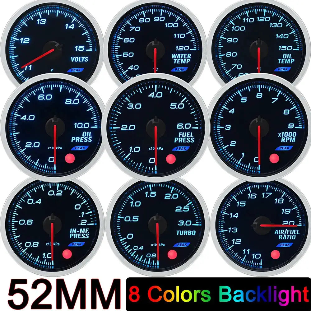 Nine 52mm blue-backlit gauge set for 12V cars: oil pressure, water temp, oil temp, RPM, turbo, air/fuel ratio