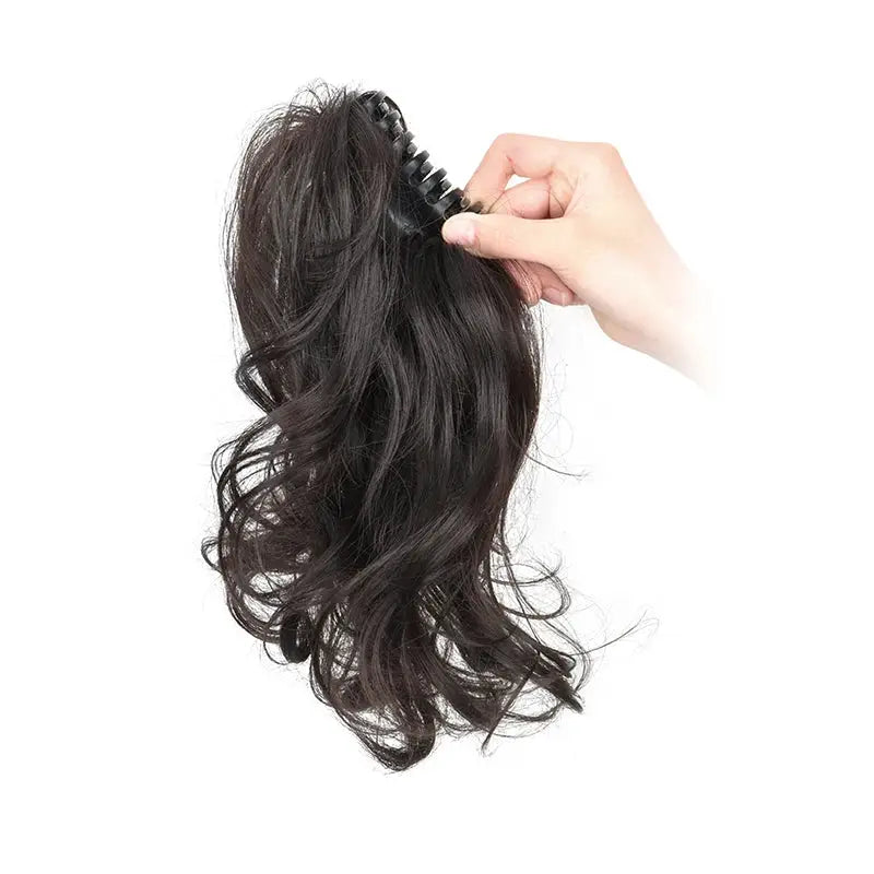 Ponytail clip extension, 12-inch synthetic curly in black by Simples Market