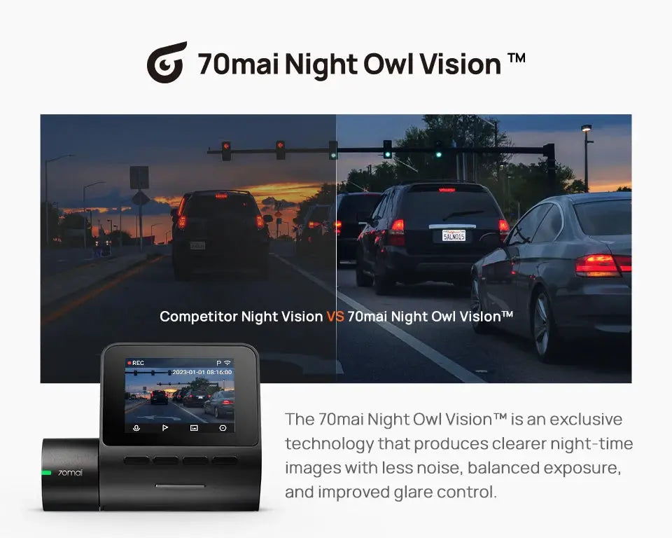 70mai Night Owl Vision A200 dash cam in black with 2-inch IPS screen and dual-channel 1080p