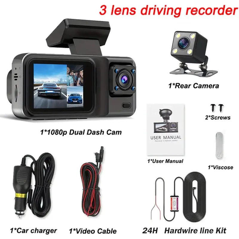 Simples Market 3-Channel Dash Cam for Cars, black 1080p front and rear kit with cables