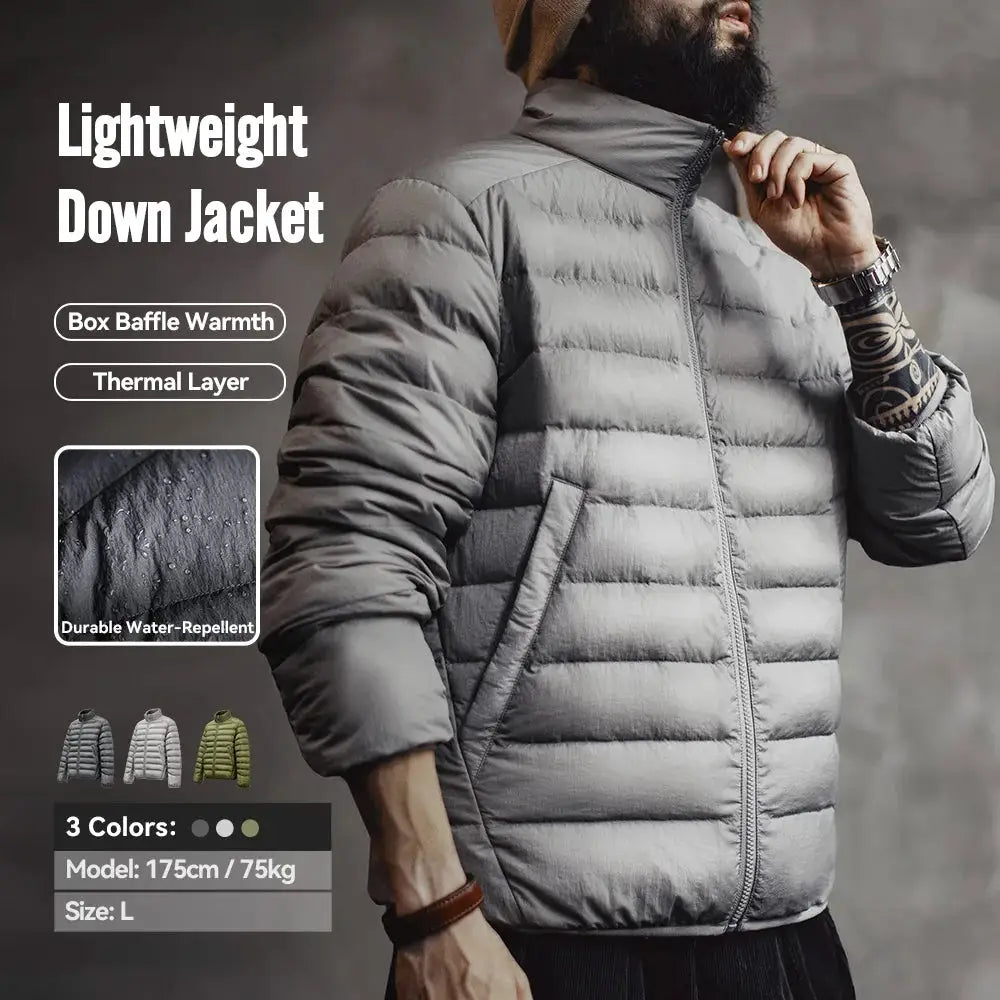 Maden Winter Men's Stand-up Collar Down Jacket by Simples Market; gray with hydrophobic white duck-down filling