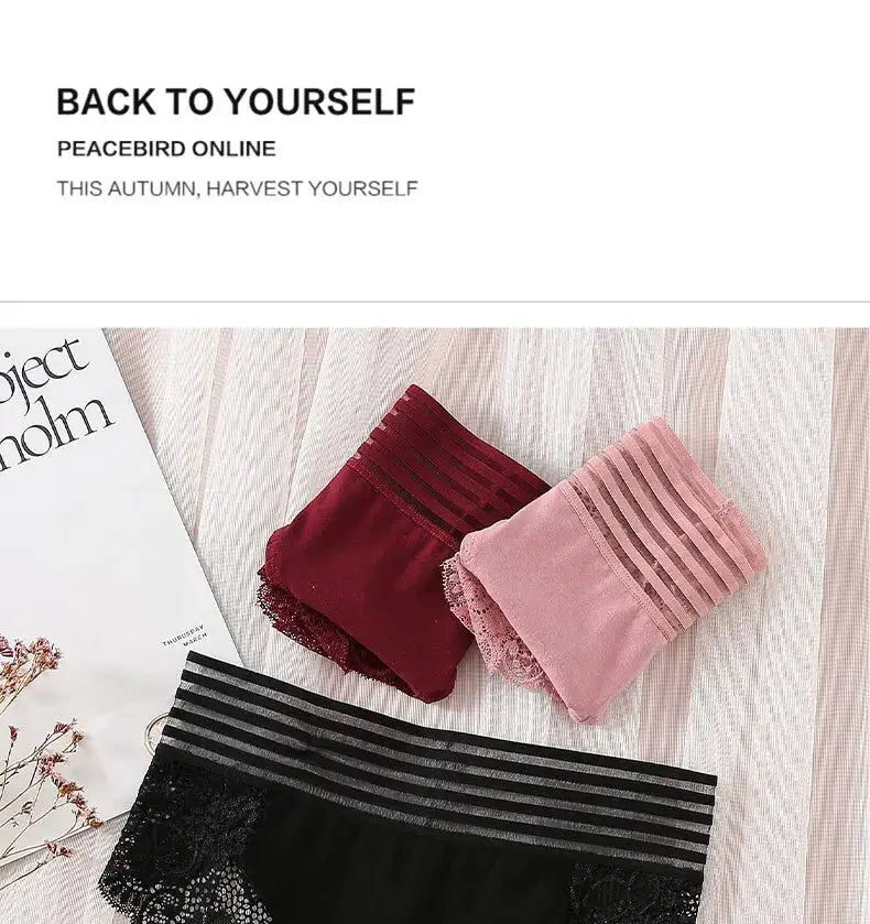 Simples Market 3-pack lace panties in burgundy, pink, and black with striped waistbands and lace trim