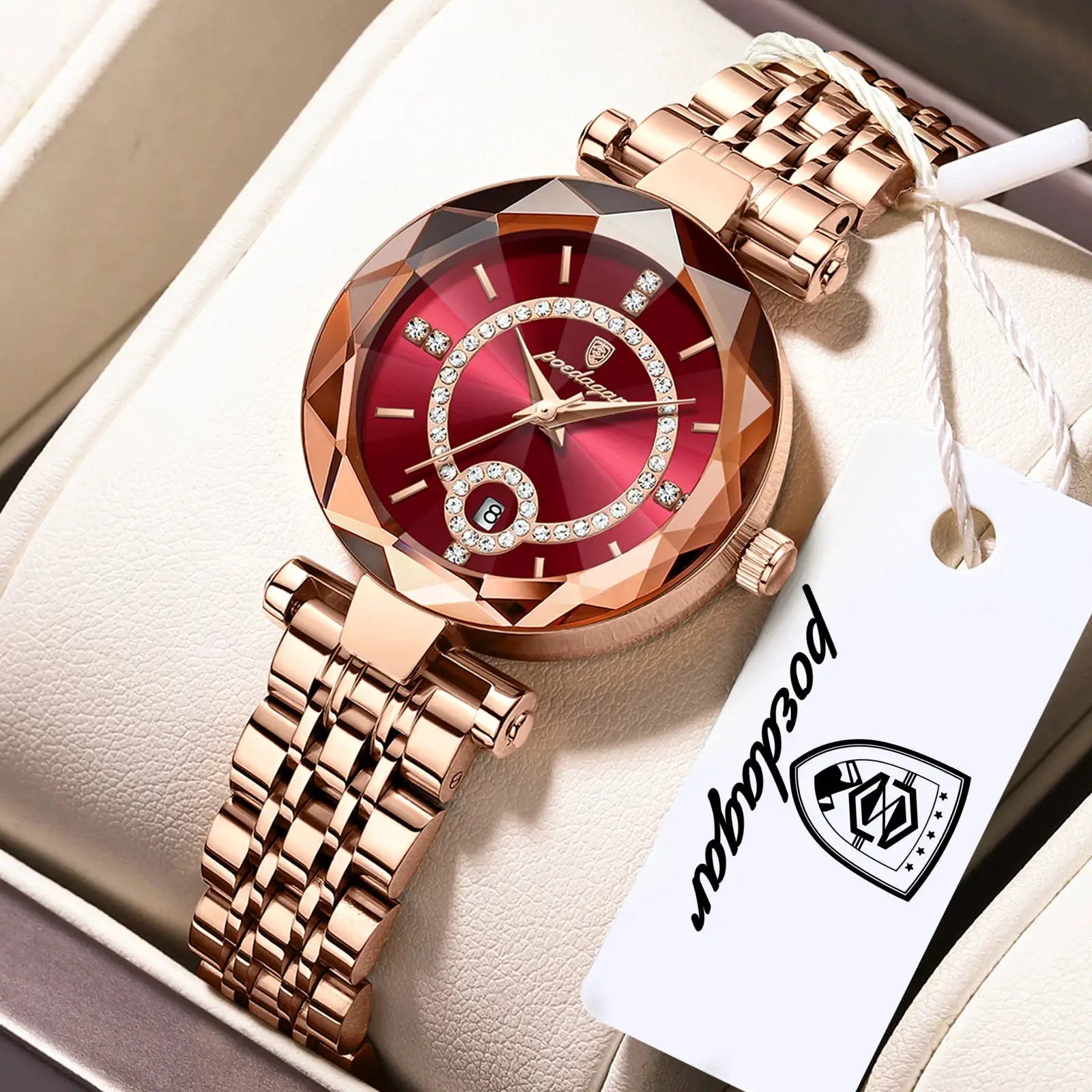 POEDAGAR women's rose-gold stainless steel watch with red dial and crystal-studded bezel