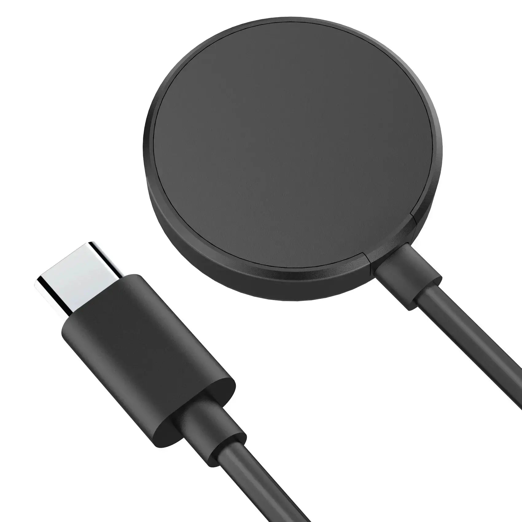 Circular black Samsung Galaxy Watch charging dock with USB-C cable