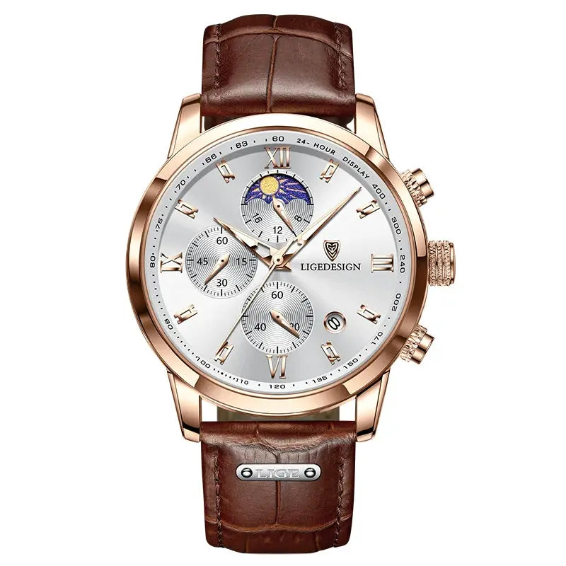 LIGE men's chronograph watch with rose-gold case, white dial, and brown leather strap