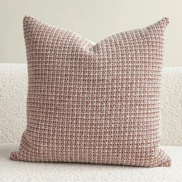 Decorative pillow cover by Simples Market in ivory and rust-red woven pattern for sofa or chair