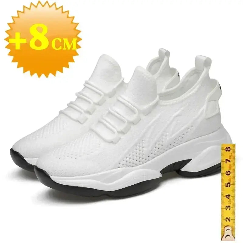 Pair of men's height-increasing sneakers, white breathable knit upper with 8cm lift and chunky sole.