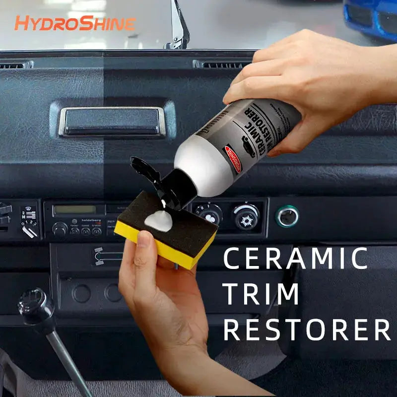 HydroShine Ceramic Trim Restorer Gel from Simples Market applied to car dashboard plastics with a yellow sponge