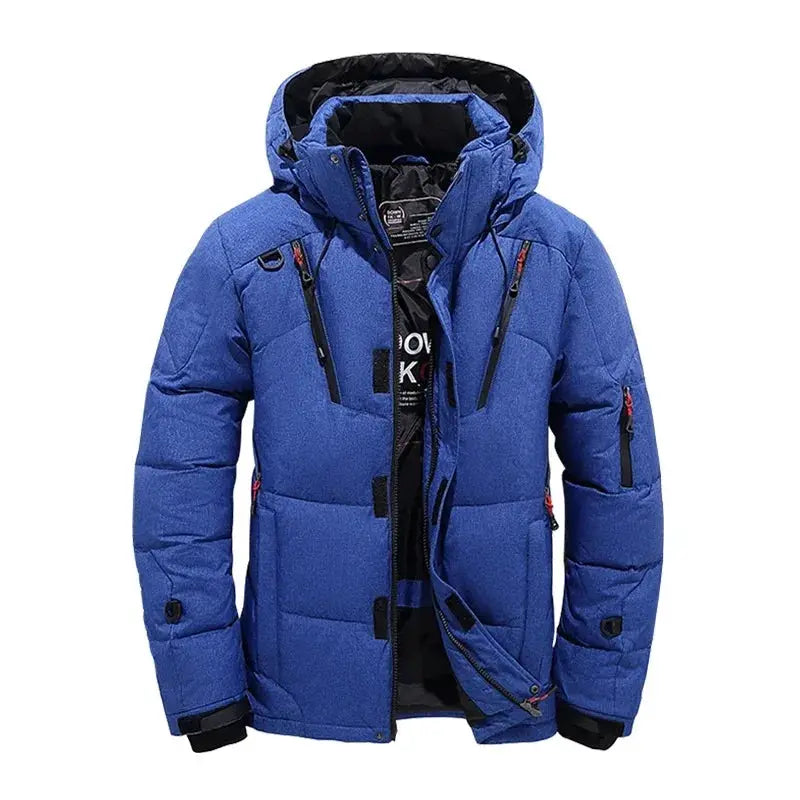 Men's blue duck-down jacket, hooded puffer with thick insulation and windproof shell