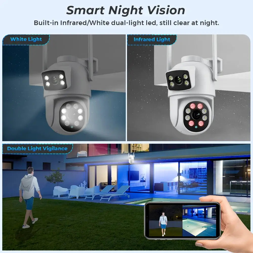 Simples Market BESDER outdoor PTZ WiFi security camera with dual lenses, white housing, and dual-light night vision.