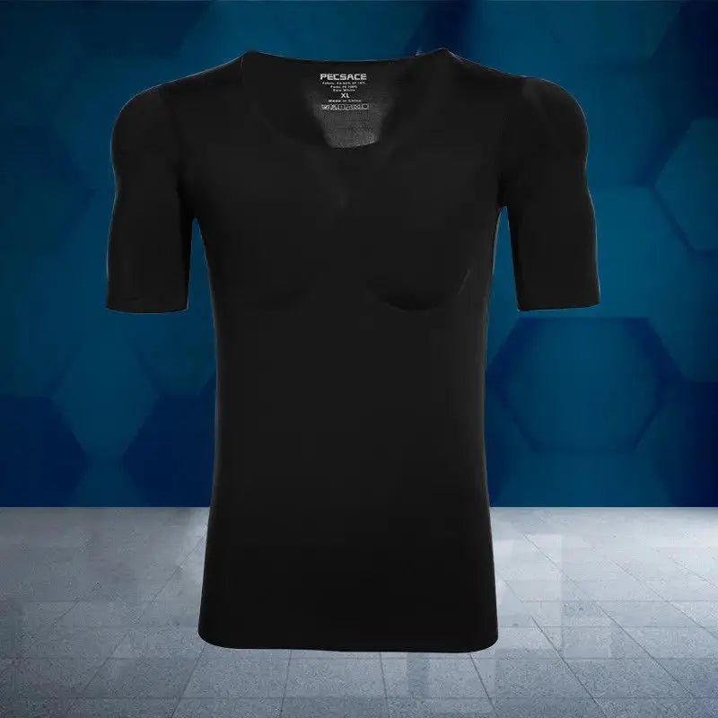Men's body shaper undershirt with fake chest muscle pads, black, Simples Market.