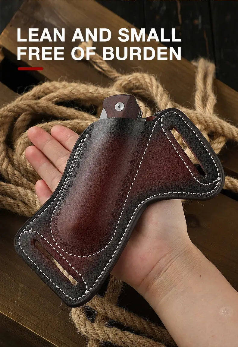 Simples Market leather knife holster for folding knife, brown cowhide belt cover with white stitching