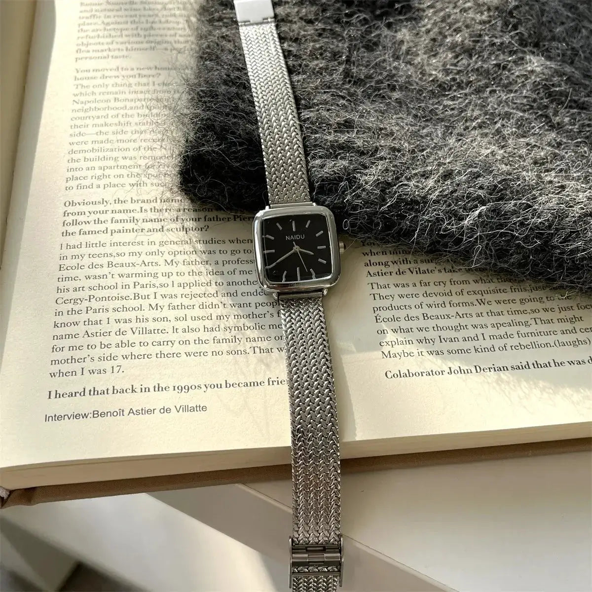 NAIDU square-faced quartz ladies wristwatch with black dial and silver stainless steel mesh strap