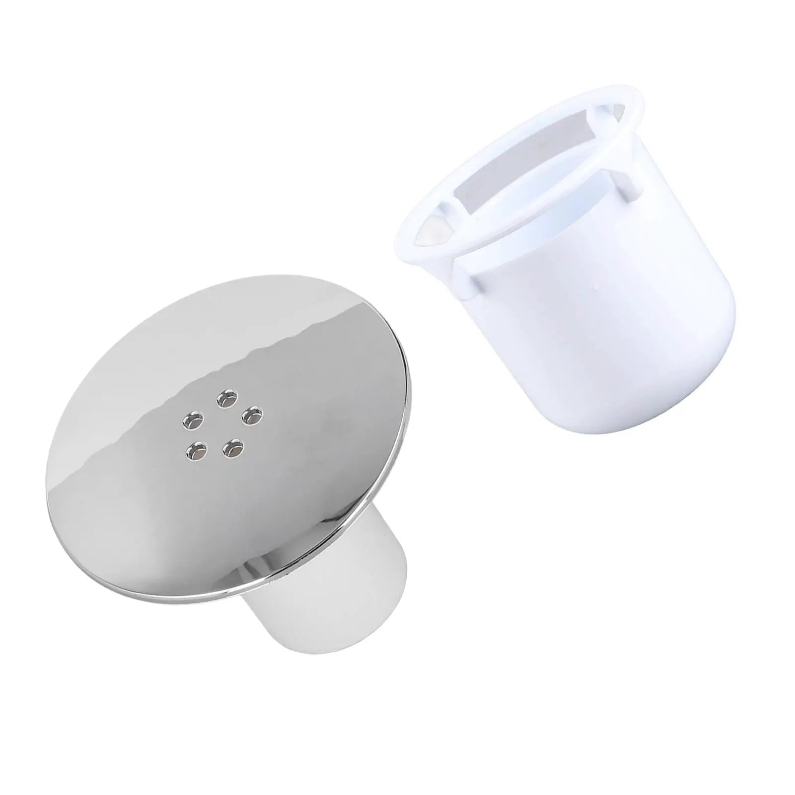 Chrome shower drain cover with white plastic plug; replacement fast-flow parts, 2 pieces