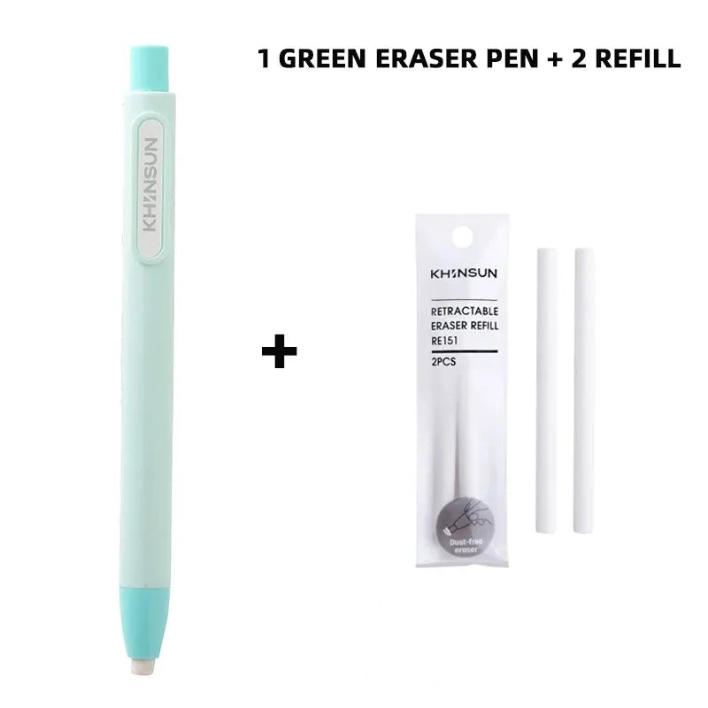 Green eraser pen with replaceable core, retractable, KHNSUN brand, includes 1 pen and 2 refills