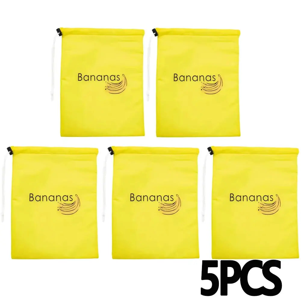 Five yellow banana storage bags with white drawstrings; insulated aluminum film for odor control.