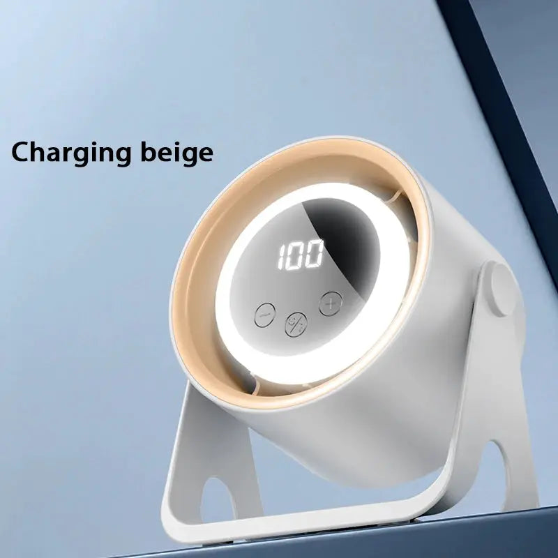 Simples Market bladeless desktop fan in charging beige with LED ambient ring and digital display