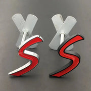 3D metal S car grille badge emblems, red chrome left and red/black right, pair