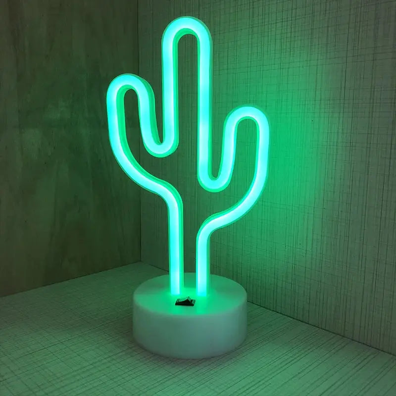 Cactus neon sign lamp in green on a white round base; USB and battery powered LED decor