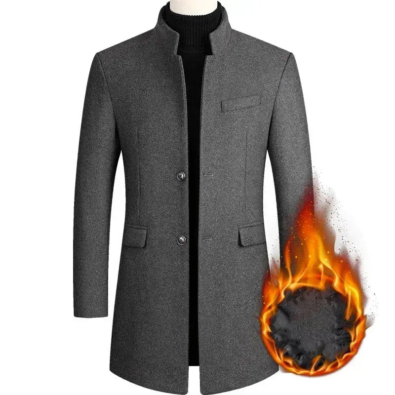 Men's gray wool coat with stand collar and two-button front, mid-length with flap pockets.