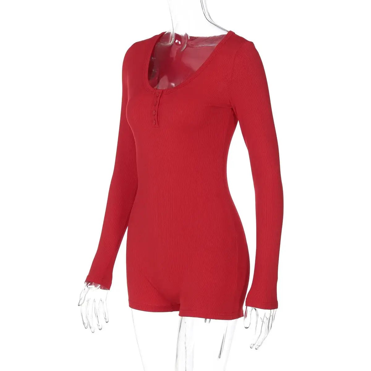 Red ribbed long-sleeve romper with scoop neckline, bodycon fit, by Simples Market