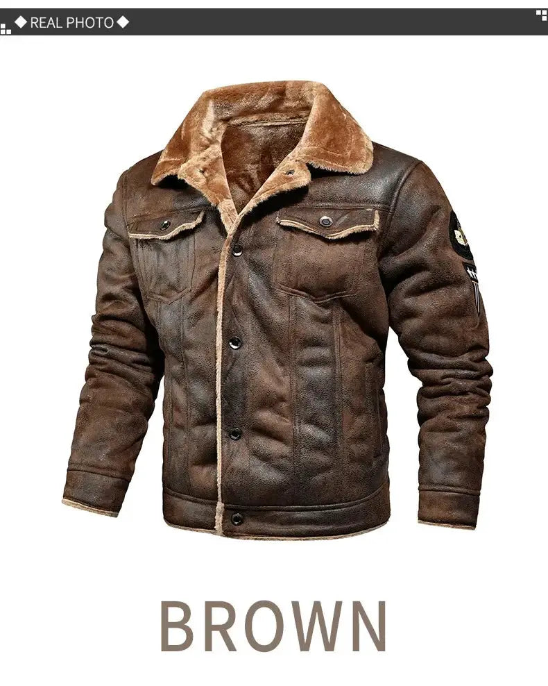 Men's brown leather shearling jacket with fur collar and fleece lining