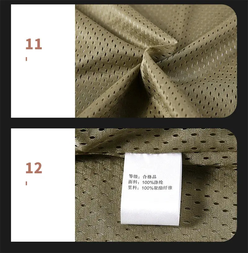 Simples Market windproof olive khaki mesh men's vest fabric close-up; perforated material and white tag 100% polyester.