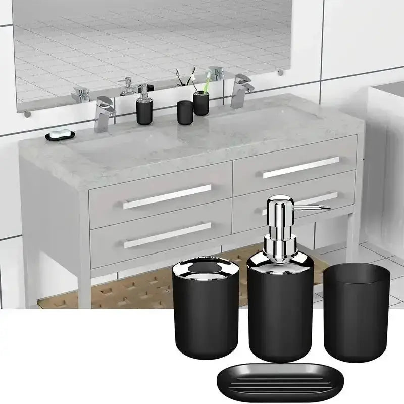 Simples Market 4-piece plastic bathroom set in gray and black: toothbrush holder, cup, soap dispenser, soap dish