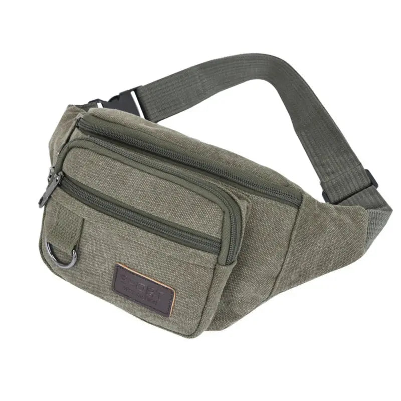 Canvas waist bag by Simples Market in olive green with front zip pockets and adjustable strap