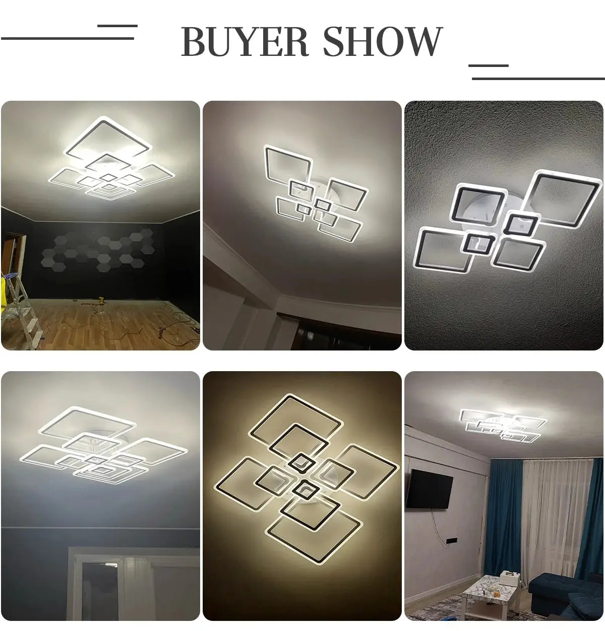 Nordic pendant light by Simples Market; modern white square LED chandelier with interconnected cubic frames