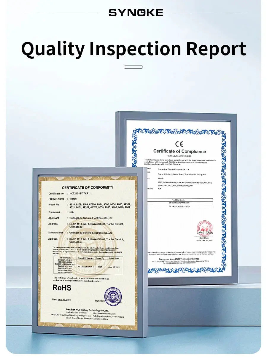 Quality inspection report display with two framed certificates of conformity and compliance, SYNOKE branding.