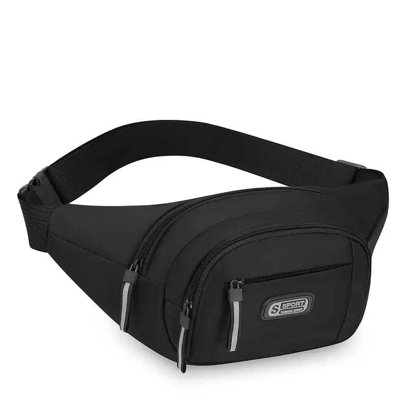 Men's black waist pack by Simples Market with large-capacity pockets and adjustable strap.