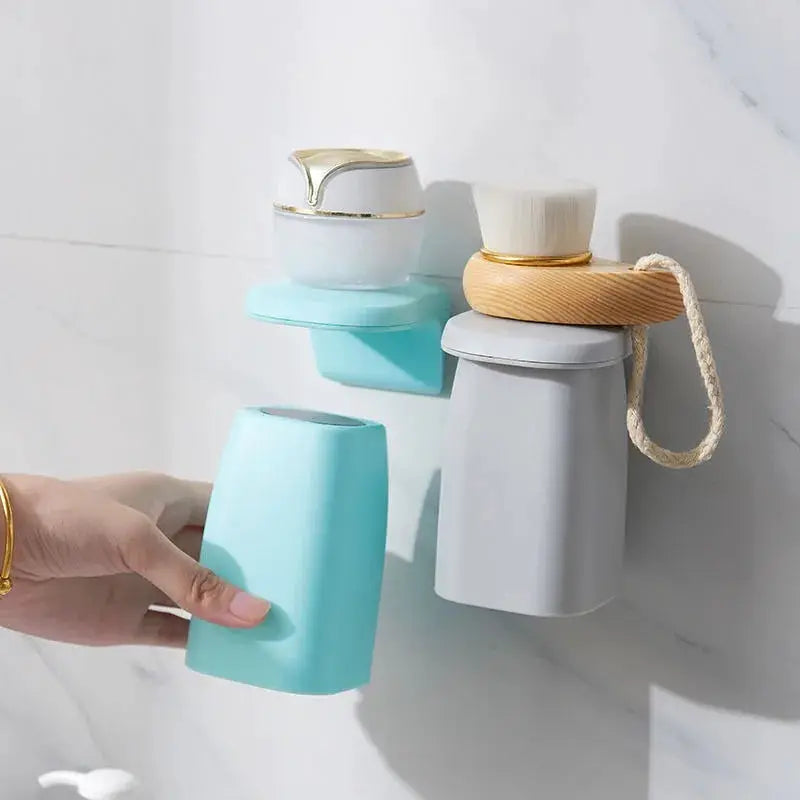 Magnetic mouthwash cup wall-mounted toothbrush storage rack, Japanese-style 4-piece set in pastel blue and gray.