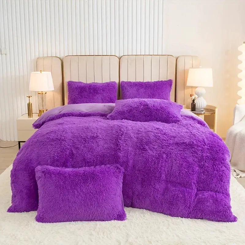 3-Piece Plush Duvet Cover Set in purple by Simples Market on a bed with matching pillows.