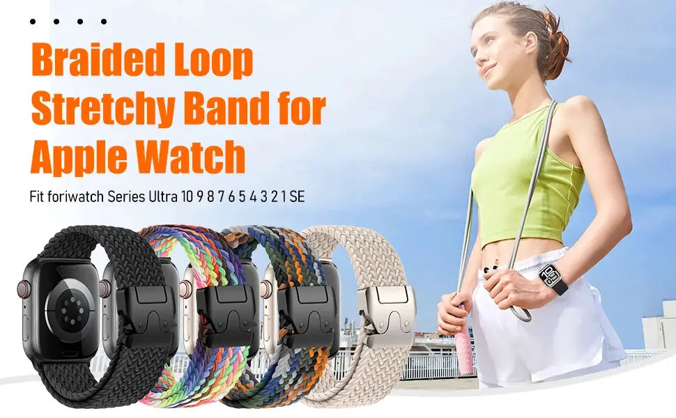 Braided loop stretchy Apple Watch bands, set of five in black, multicolor, beige for Series Ultra–SE.