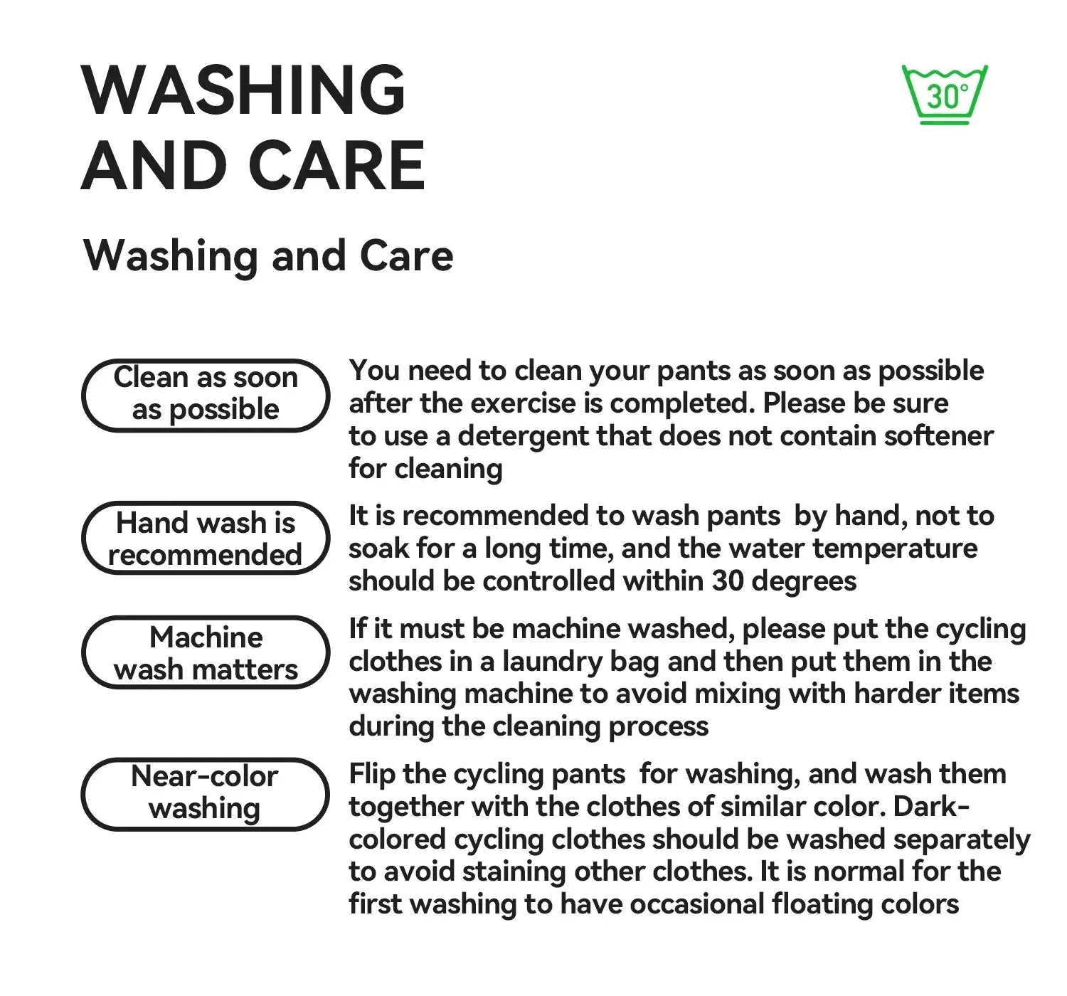 ROCKBROS Summer Sport Thin Pants care label with washing instructions and 30°C icon