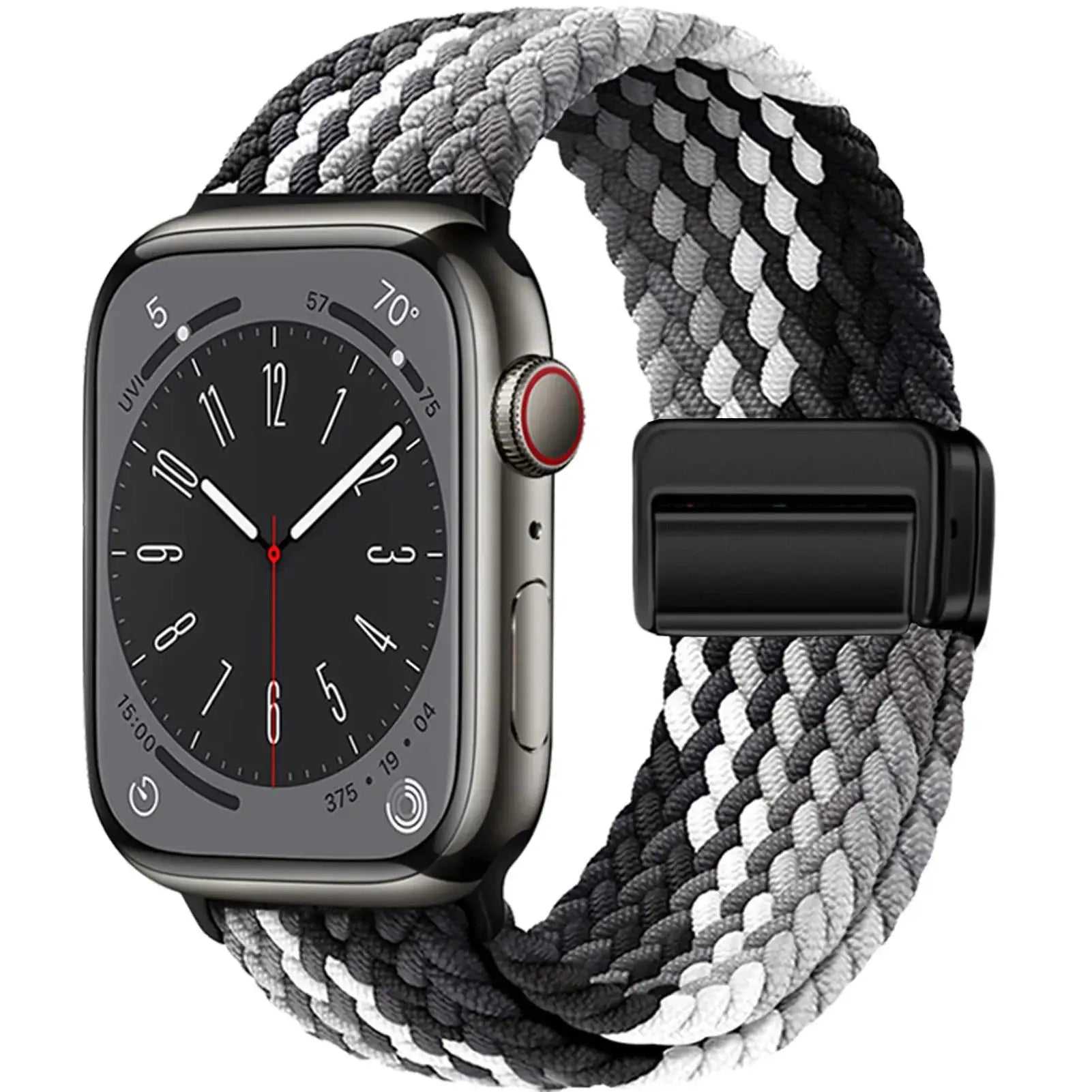 Simples Market braided Apple Watch band, grey-black woven strap for 38–49mm with magnetic clasp